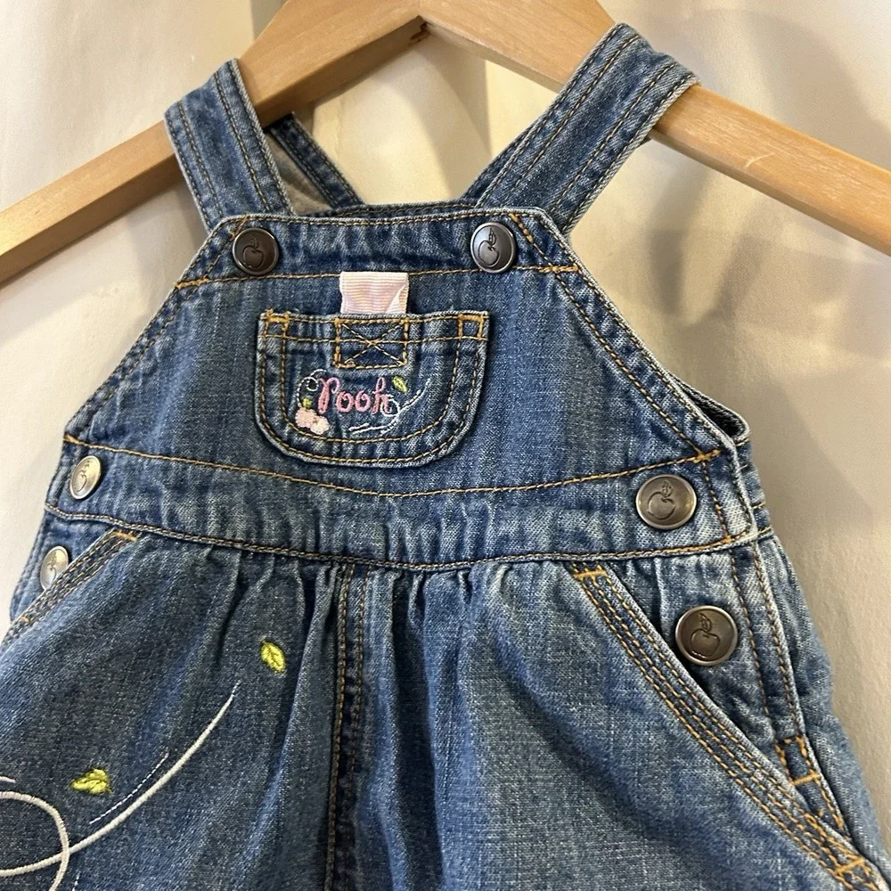 Vtg Winnie The Pooh Embroidered Denim Overalls Dress Sz 0-3 Months Y2K‎